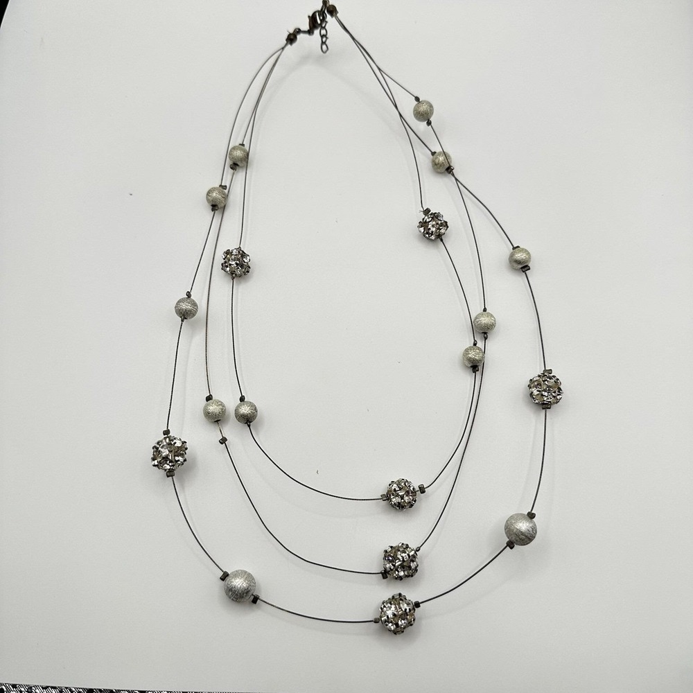 VTG Y2K‎ Women's Silver Tone Necklace Multi Strand Layered Beaded Gemstone 19"